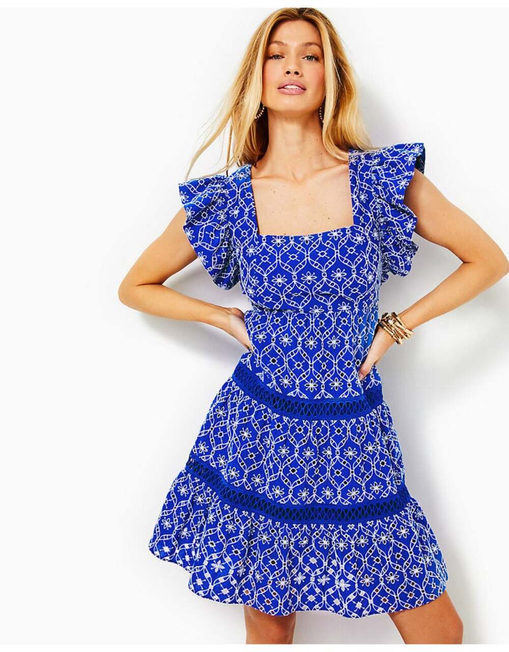 New Lilly Pulitzer Morrie Ruffle Sleeve Eyelet Dress Blue Flutter Tiered Sz 10